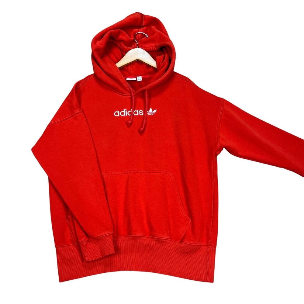 Adidas Hoodie Mens XS Red Long Sleeve Drawstring Pullover 3-Stripes Fleece EUC